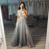 Chic Grey A Line V-Neck Long Appliques Tulle Prom Dresses with Side Slit Formal Dresses P1164