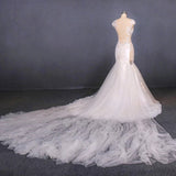Charming Mermaid Tulle V-Neck Wedding Dress Sheer Back Long Bridal Dress W1150