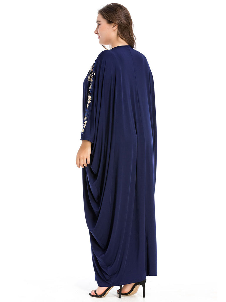 Long Sleeve Navy Blue Round Neck Prom Dress Plus Size Formal Dress F7027