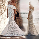 Elegant Off the Shoulder Ivory Lace Mermaid Beach Wedding Dresses Bridal Dresses W1104