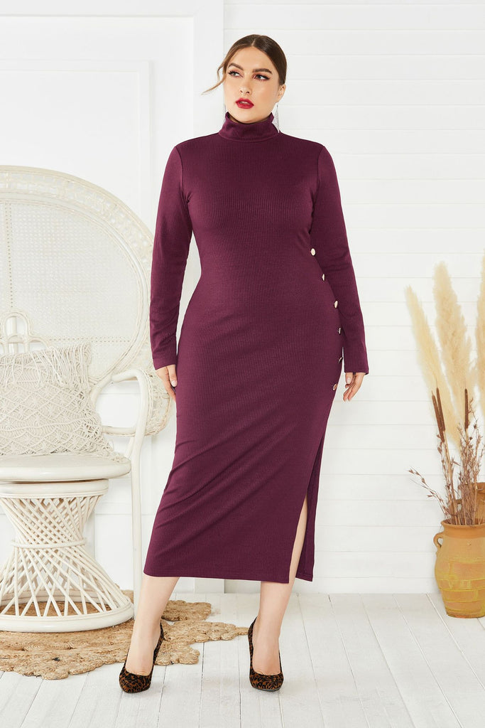 Sexy Plus Size Side Slit Sweater Dress Long Sleeve Stretch Mermaid Knit Dresses FP8001