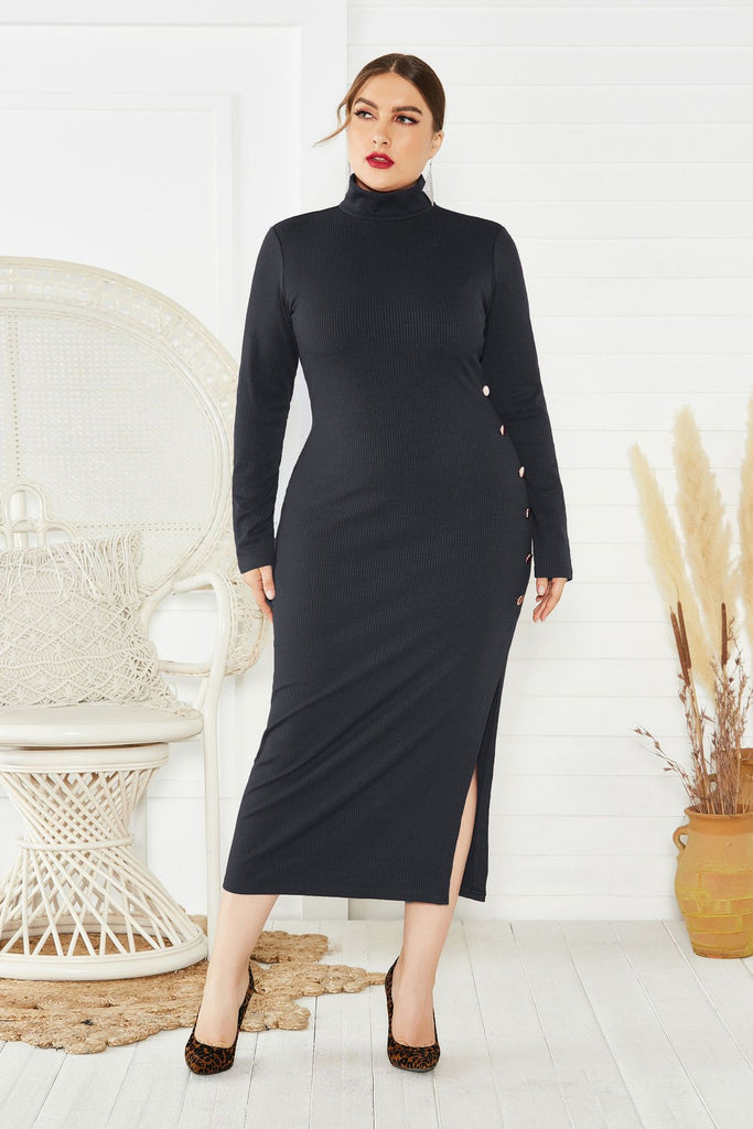 Sexy Plus Size Side Slit Sweater Dress Long Sleeve Stretch Mermaid Knit Dress FP8001