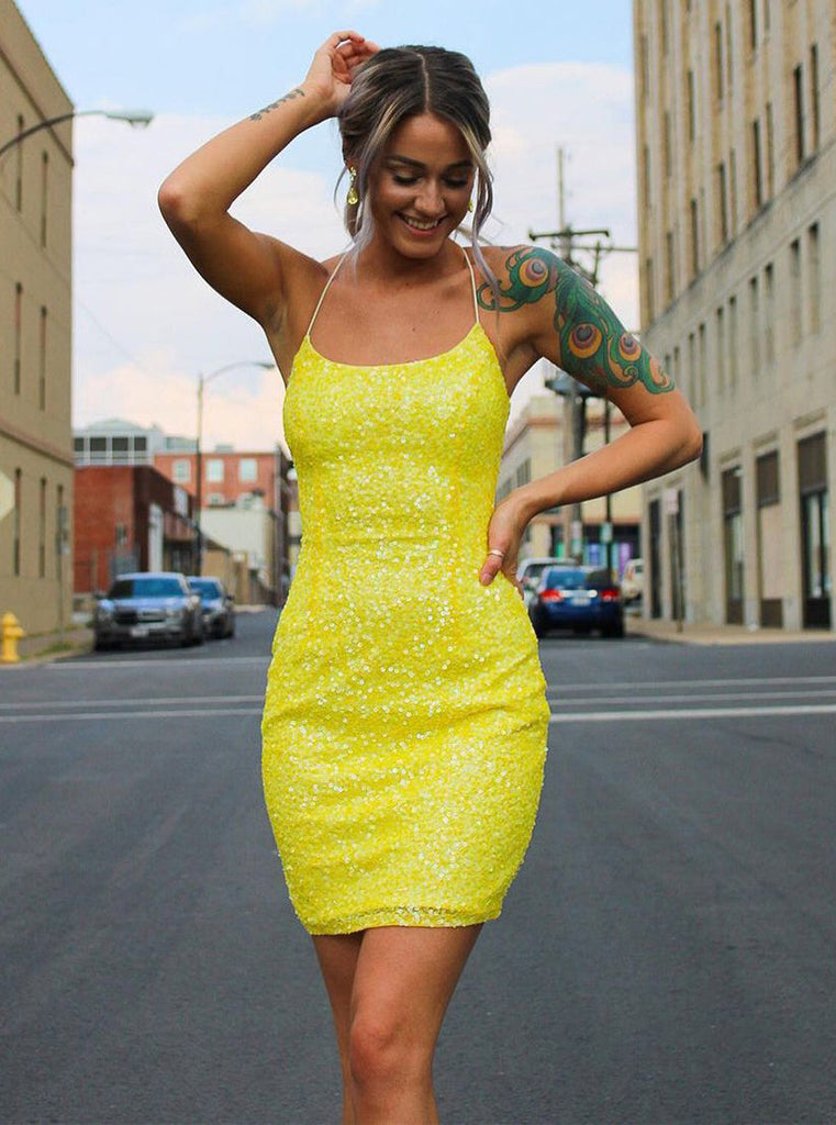 Sexy Sheath Yellow Dress Short Homecoming Dress PD1123