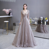 A Line V-Neck Long Sleeve Embroidery Beading Floor Length Tulle Prom Dress WH69448