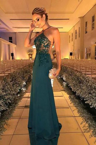 Halter Green Sleeveless Beaded Sheath Backless Evening Dresses