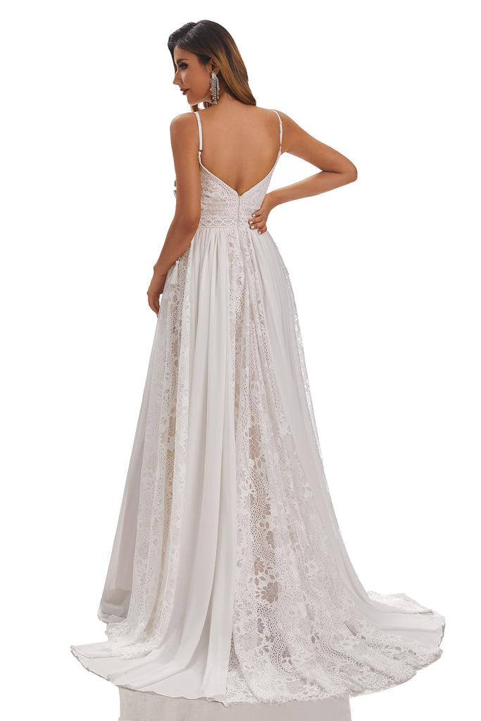 A Line Sleeveless Lace V-Back Spaghetti Straps Sweep Trailing Wedding Dresses