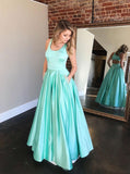 A Line Sleeveless Mint Green Satin Prom Dress With Pockets