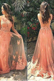 Charming Coral Lace Open Back Long Prom Dress