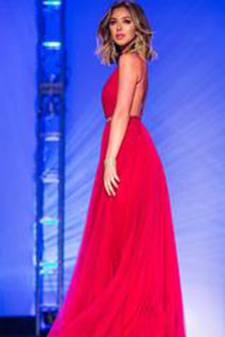 Elegant Red Backless Pink Backless V-Neck Prom Dress