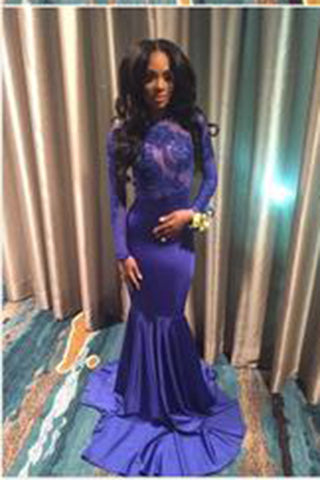 Mermaid Blue Sexy Appliques Long Sleeve Open Back High Neck Prom Dress