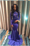 Mermaid Blue Sexy Appliques Long Sleeve Open Back High Neck Prom Dress