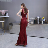Mermaid Halter Sleeveless See-Through Sequins Floor Length Prom Dress WH24452