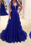 Elegant A Line Royal Blue Lace Backless V-Neck Sleeveless Long Prom Dress