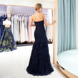 Sheath Strapless Navy Blue Tulle Floor Length Prom Dress WH42694