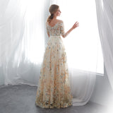 Gorgeous A Line Half Sleeves Appliques Prom Dress With Flower WH30660