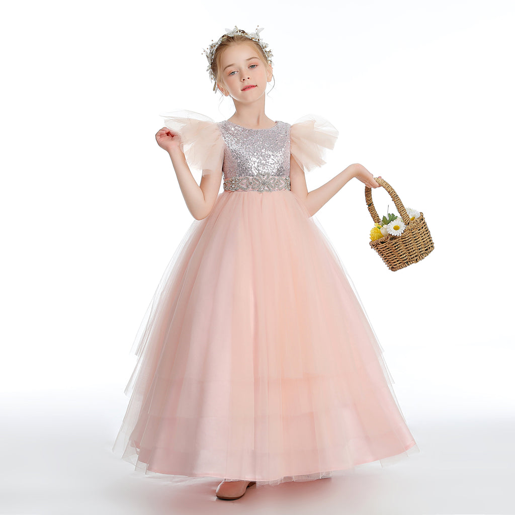 Ruffles Silver Sequins Pink Tulle Flower Girl Dresses With Beading