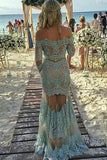 Light Blue Lace Off-Shoulder Long Sleeves See-Through Long Prom Dress Evening Dress