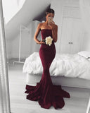 Mermaid Sexy Burgundy Strapless Sleeveless Long Prom Dress