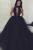 Elegant V-Neck Tulle Black Sexy Backless Long Sleeveless Prom Dress