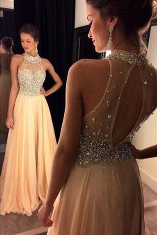 Champagne Chiffon Crystals Beaded Sleeveless A Line Open Back Halter Evening Dress