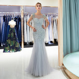 Stunning Mermaid Cap Sleeves Beading Tulle Floor Length Prom Dress Party Dress WH71697