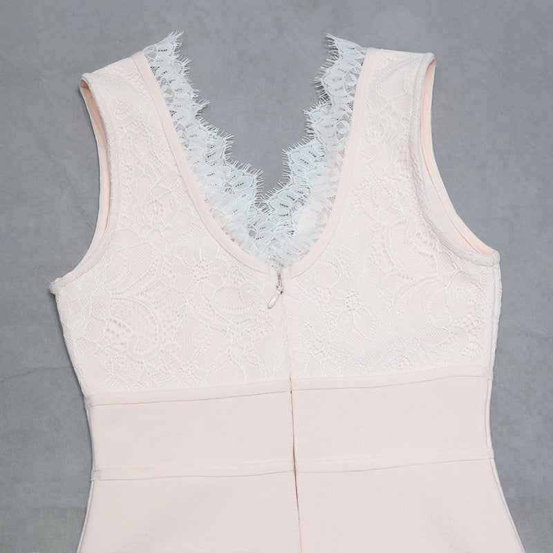 Pink Sleeveless V-Neck Lace Edge Sheath Homecoming Dresses