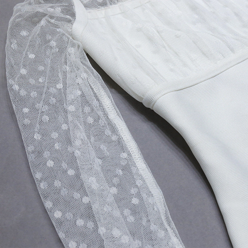 White Square Neck Long Mesh Sleeves Bandage Homecoming Dresses
