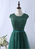 A Line Green Cap Sleeve Tulle Floor Length Prom Dresses PW166