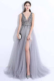 New A-Line V-Neck Grey Tulle Beaded Long Sleeveless Backless Prom Dresses uk with Split PM884