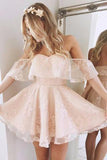 A-Line Off-the-Shoulder Short Pearl Pink Lace Homecoming Dress,HG79