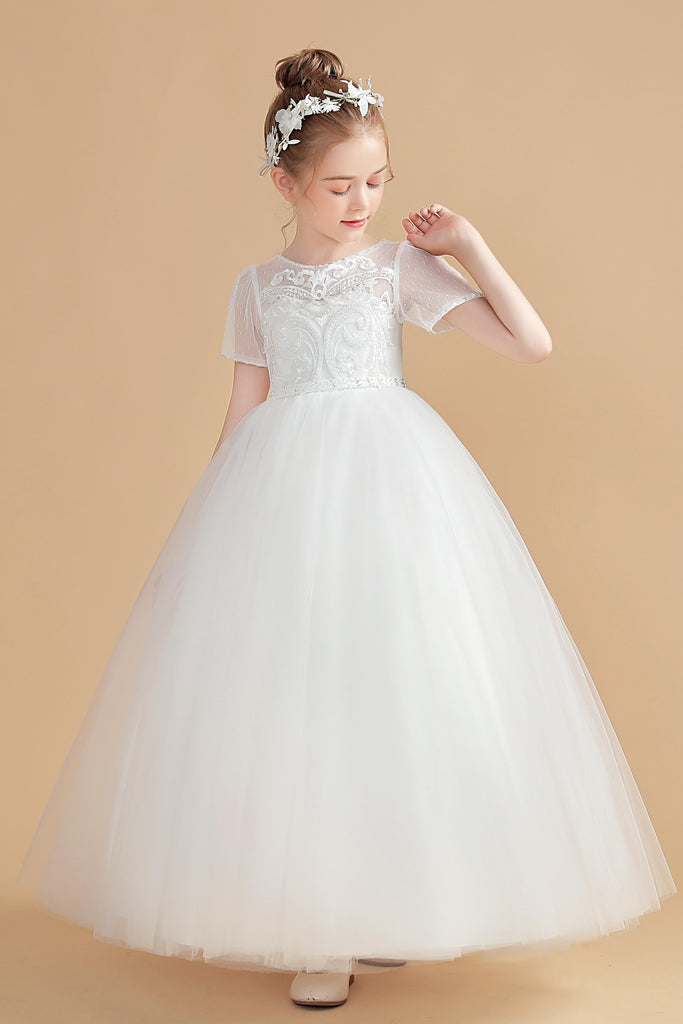 Short Sleeves Ivory Tulle Flower Girl Dresses With Lace Appliques FL0001