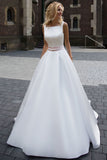 A-Line Sleeveless Long Ivory Pleated Prom Dress,Backless Bateau Satin Wedding Dresses UK PH337