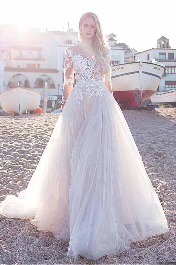 Tulle Scoop Neckline Pink A-line Lace Appliques Long Sleeves Bowknot Wedding Dresses uk PH311