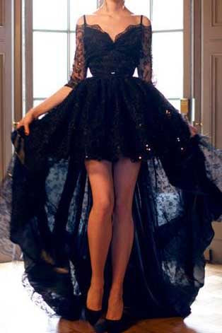 Elegant Half Sleeves Sweetheart Black Backless Lace Evening Dresses