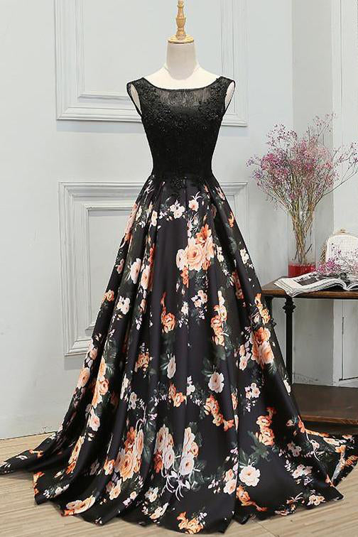 Chic A-Line Scoop Satin Black Lace up Sleeveless Long Flowers Prom Dresses uk PM622