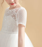 Short Sleeves Ivory Tulle Flower Girl Dresses With Lace Appliques FL0001