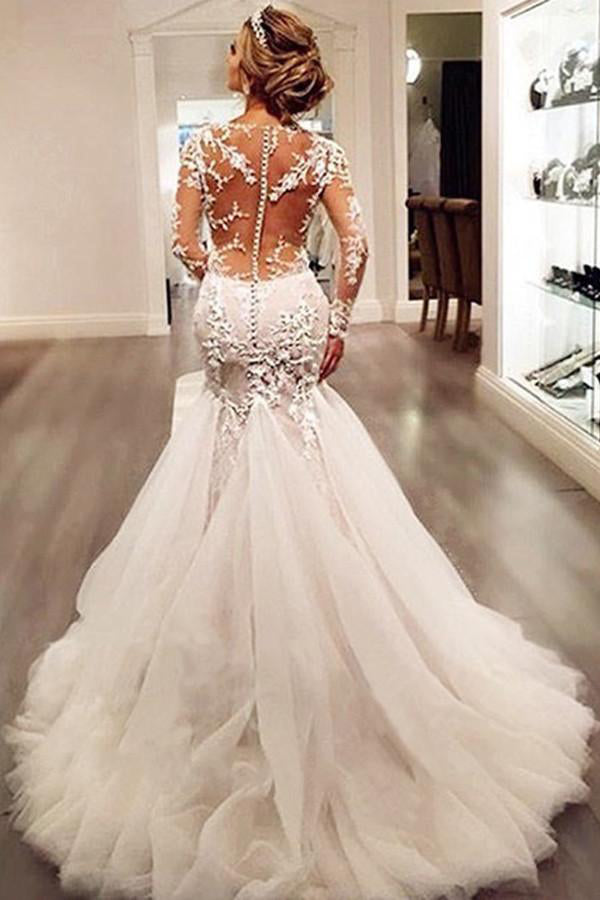 Long Sleeves Court Train Ivory V-Neck Mermaid Tulle Wedding Dress With Lace Appliques PH64
