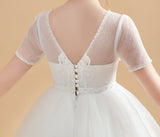 Short Sleeves Ivory Tulle Flower Girl Dresses With Lace Appliques FL0001