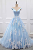 Sky Blue Appliques Charming Ball Gown Off-the-Shoulder V-Neck Prom Dresses uk PM573