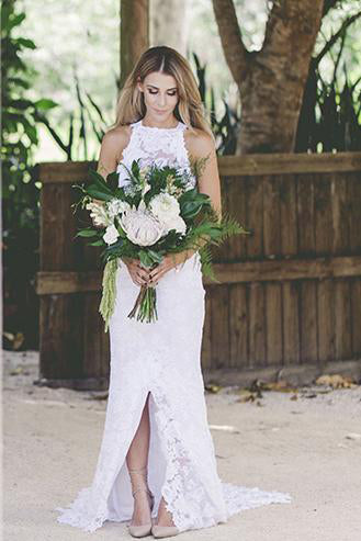Open Back Sleeveless Lace Halter Mermaid Slit Beach Wedding Dress,White Bridals Dress PH323