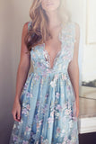 V-Neck Sleeveless Blue Tulle Appliques Affordable Long A-line Sleeveless Prom Dresses uk PM512