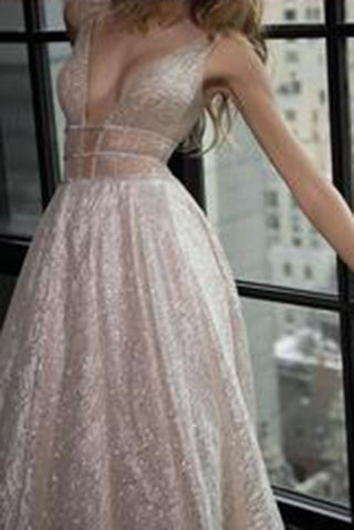 Honorable Deep V-Neck Court Train Pink Backless Prom Dress Sequins