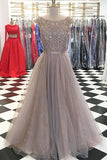 A Line Gray Organza Beading Cap Sleeves Floor Length Prom Dresses