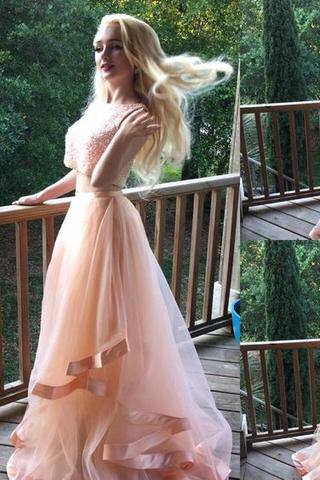 Blush Pink Beaded Two Pieces Fashion Sexy Prom Dress