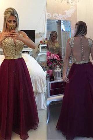Unique Burgundy See Through Lace Unique Sleeveless Beaded V-Neck Prom Dress