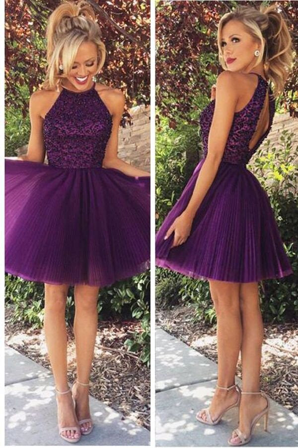 Beading Purple Sexy Open back Halter Homecoming Dress WH6683