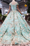 Elegant Ball Gown Cap Sleeve Lace up Scoop with Lace Appliques Beads Prom Dresses PW789