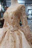 Princess Long Sleeve Ball Gown Scoop With Applique Beads Lace up Prom Dresses PW790