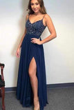 A Line Spaghetti Straps V Neck Prom Dresses with Beading, Long Evening Dresses PD01