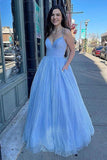 Spaghetti Strap Long Floor-Length Sparkly Tulle Prom Dress With Pockets OK2006